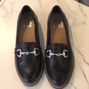 Dolce Vita Celeste Black Leather Loafers with Silver Detail, size 7.